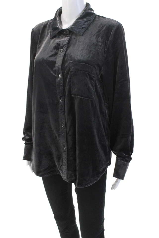 Splendid Womens Velvet Button Down Long Sleeves Blouse Black Size Medium - Image 2 of 4