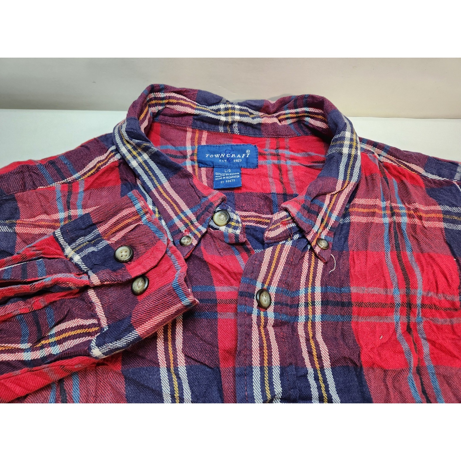 Towncraft Mens L Red Blue Plaid Button Down Shirt Plaid Flannel Long Sleeve