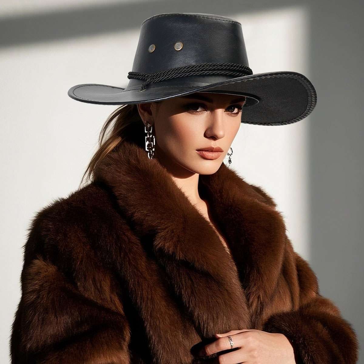 Fashion PU Leather Cowboy Hats Western For Women Men Adult Hat with Wide  Brim