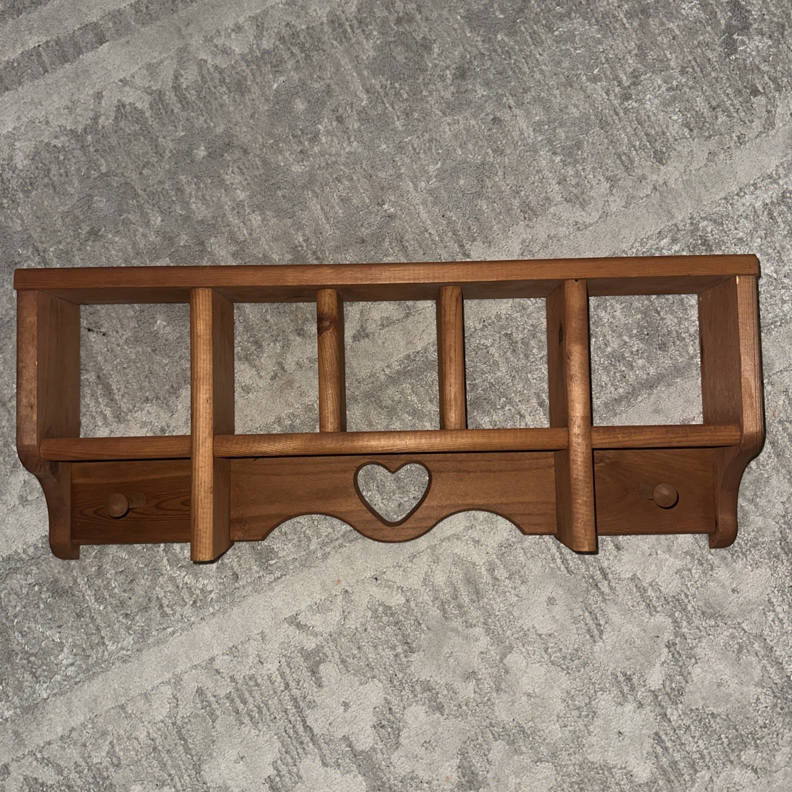 Vintage Wood Wall Shelf Cubby Heart Cutout Pegs Country Core Farmhouse Rustic
