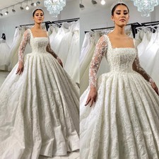 Lace Ball Gown Wedding Dresses Bride Long Sleeve Dubai Sweep Train Ruffle Arabic