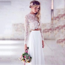 Chiffon Two Piece Wedding Dress Long Sleeves Beach Bridal Dress Boho Gowns
