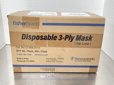 500 new FISHER BRAND 12-888-001A Disposable 3-Ply Face Mask (Ear Loop) 50/pack