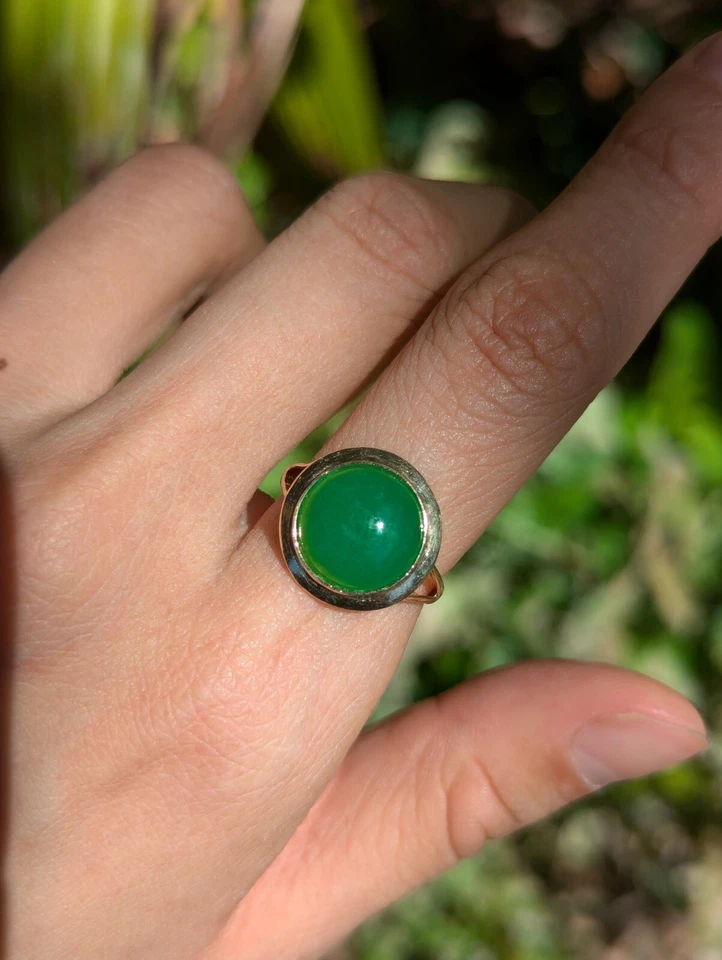 Conjunto de moldura de anel cúpula sinete ouro 14K vintage verde calcedônia cabochão tamanho N/7 - Imagem 3 de 4
