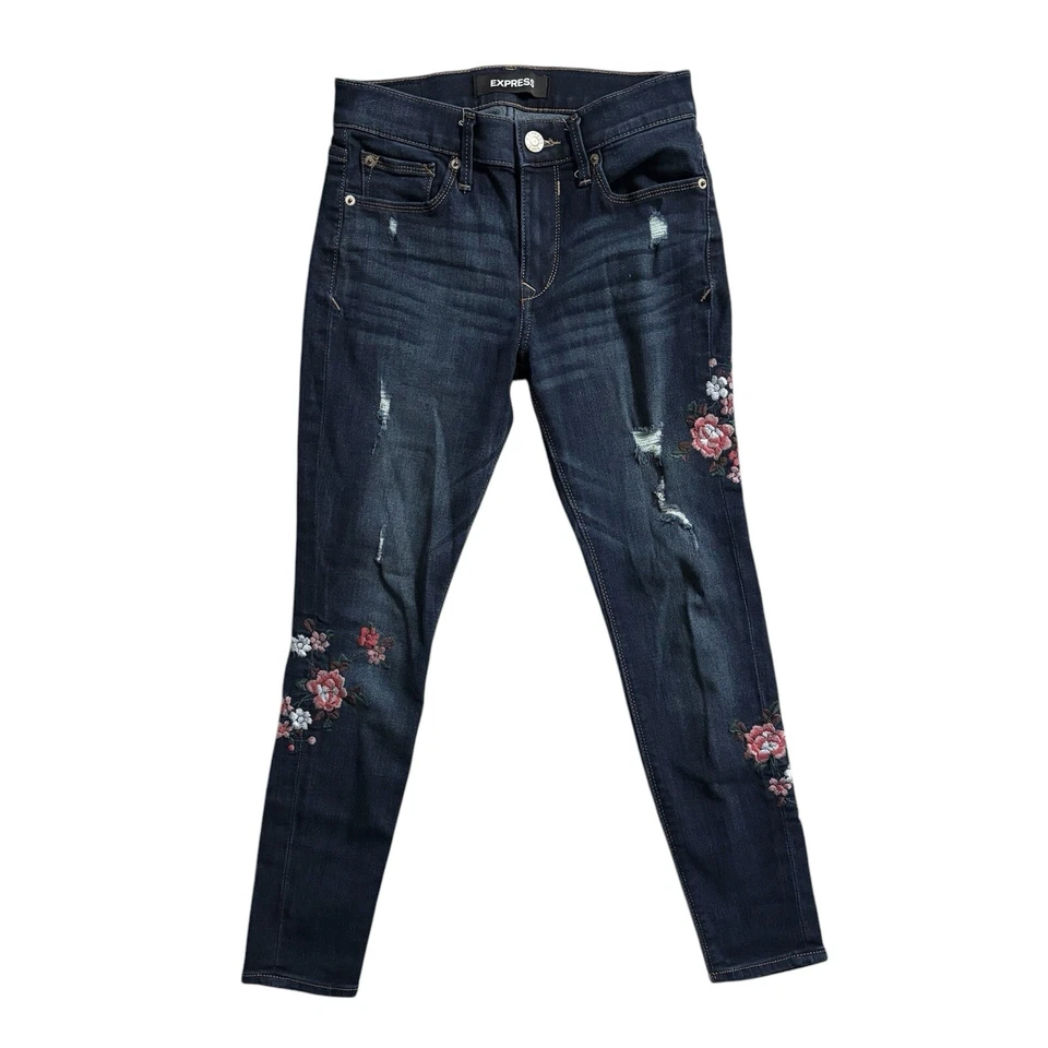 Express Embroidered Flowers 0 S Leggings Denim Women's Mid Rise Dark Wash Y2K - Image 3 of 4