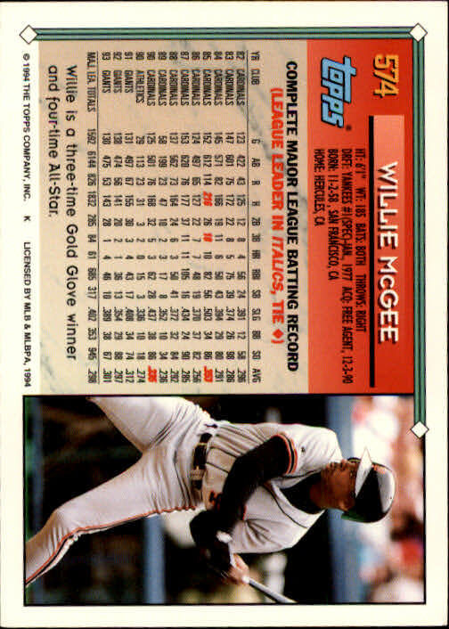 1994 Topps San Francisco Giants Baseball Card 574 Willie McGee eBay