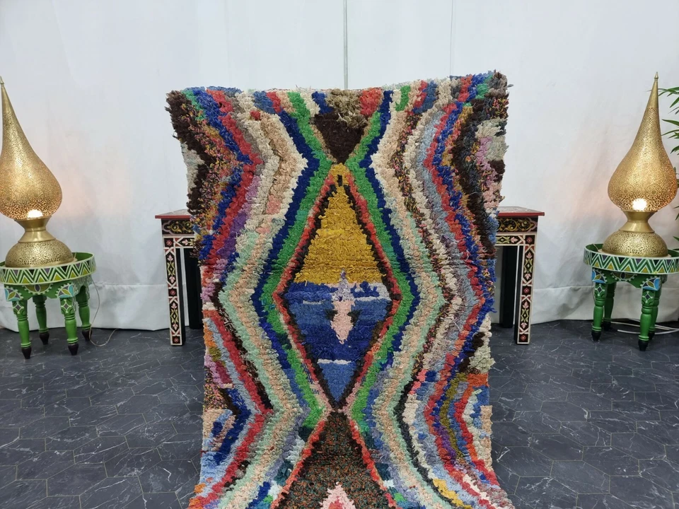 Moroccan Handmade Vintage Boucherouite Rug 2'6"x5' Berber Geometric Blue Carpet - Image 3 of 4