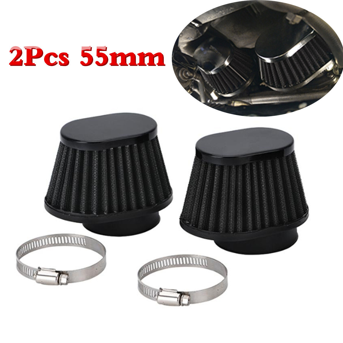 2Pcs Motorcycle Air Filter Kit Tapered Metal Carburetor Intake Cleaner