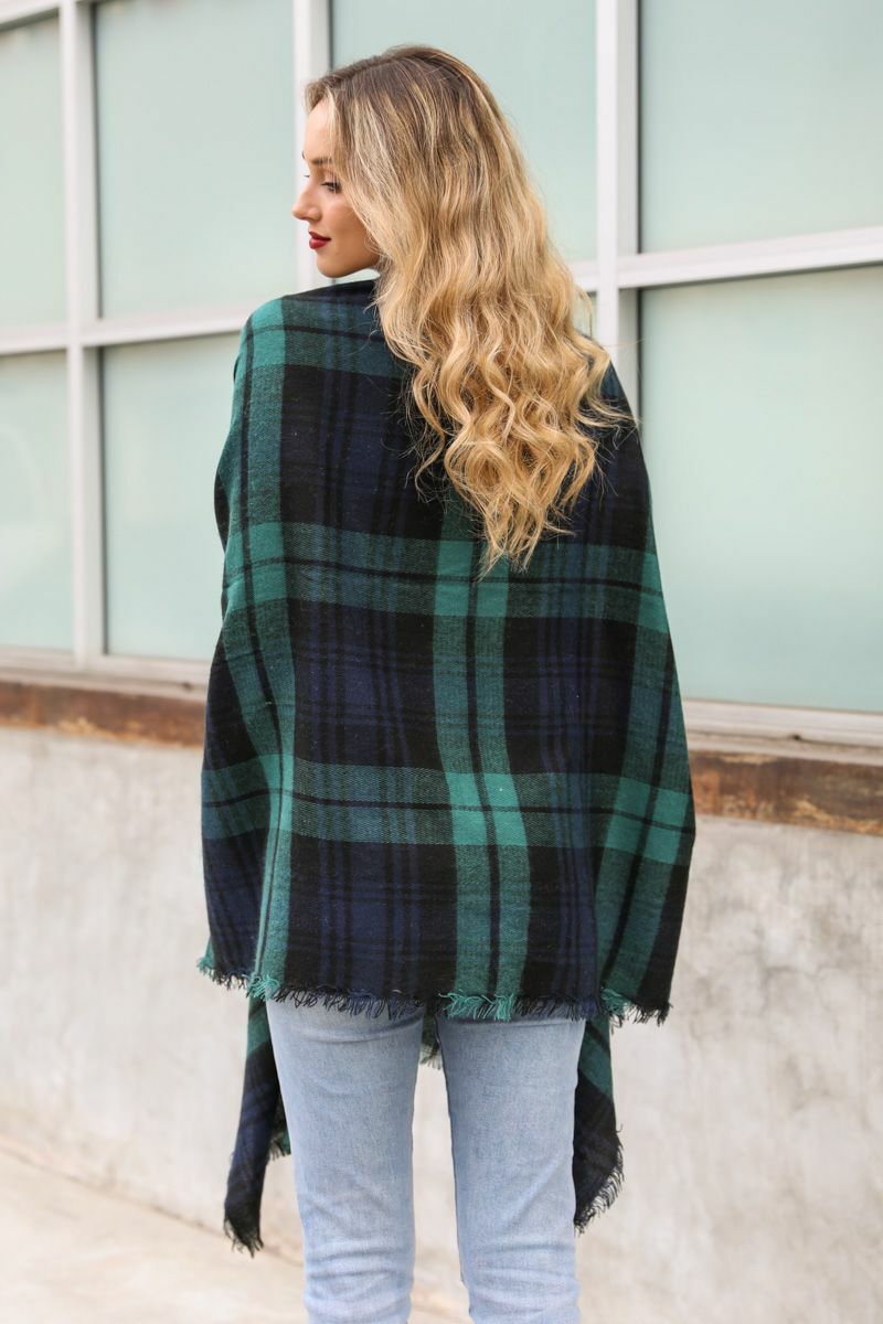 Women Classic Plaid Pocket Ruana Open Front Multicolor Cardigan Poncho ...