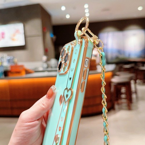 For iPhone 15 14 13 12 11 Pro Max Plating Lanyard Wrist Strap Heart Case Cover - Picture 3 of 25