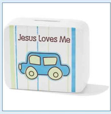Jesus Loves Me Baby Boy Bank - Blue Car - Baby Shower Gift Ceramic
