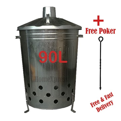 90 Litre 90L XLarge Metal Incinerator Fire Burning Bin Leaf Garden + Ash Poker eBay