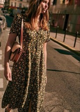 SEZANE VIVIENNE Midi Dress 34 Black Yellow Floral Short Sleeve