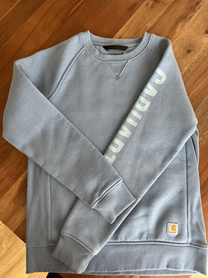 Carhartt Women’s Relaxed Fit Blue Sweatshirt Small Block Logo Sleeve - Image 2 of 4