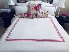 Pink Embroidered Stripe Border White Queen Duvet Cover Shams Egyptian Cotton