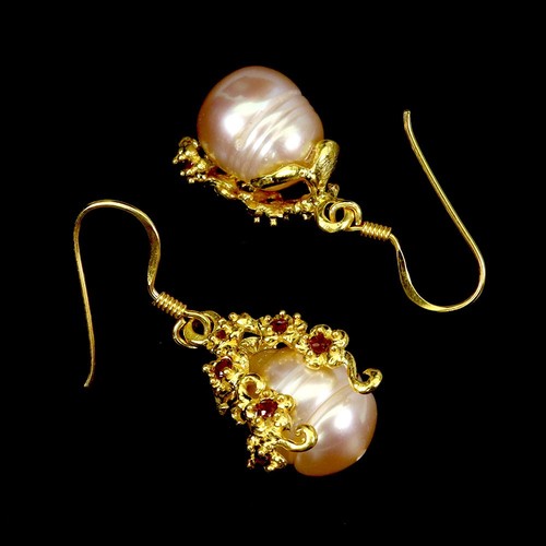 Summer 925 Silver Earrings Round Ruby Myanmar Pearl Handmade Gemstone Jewelry - Picture 3 of 14