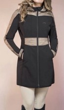 EQUILINE Equestrian Riding Coat Front Zip & Back Zip Detach Hood Sz XS black/tan