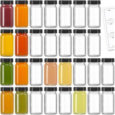30 Pack 2 oz Glass Shot Bottles w/ Black Lids  30 Labels - Small Clear Jar for