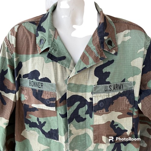 US Army Woodland Camouflage Button Front Pockets Hot Weather Coat Mens L Long - Picture 2 of 11