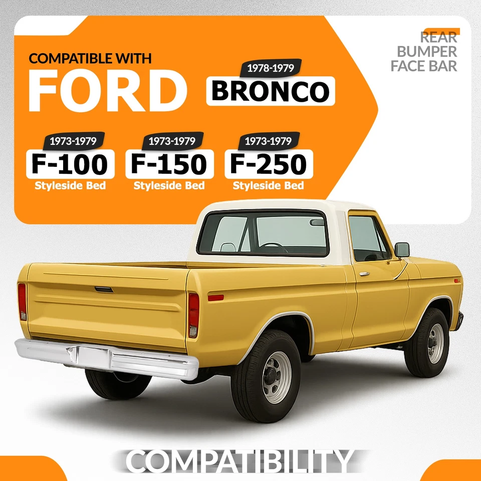 Chrome Rear Bumper Face Bar For Ford F100 F150 F250 Styleside Bed Bronco 1973-79 - Imagem 2 de 4