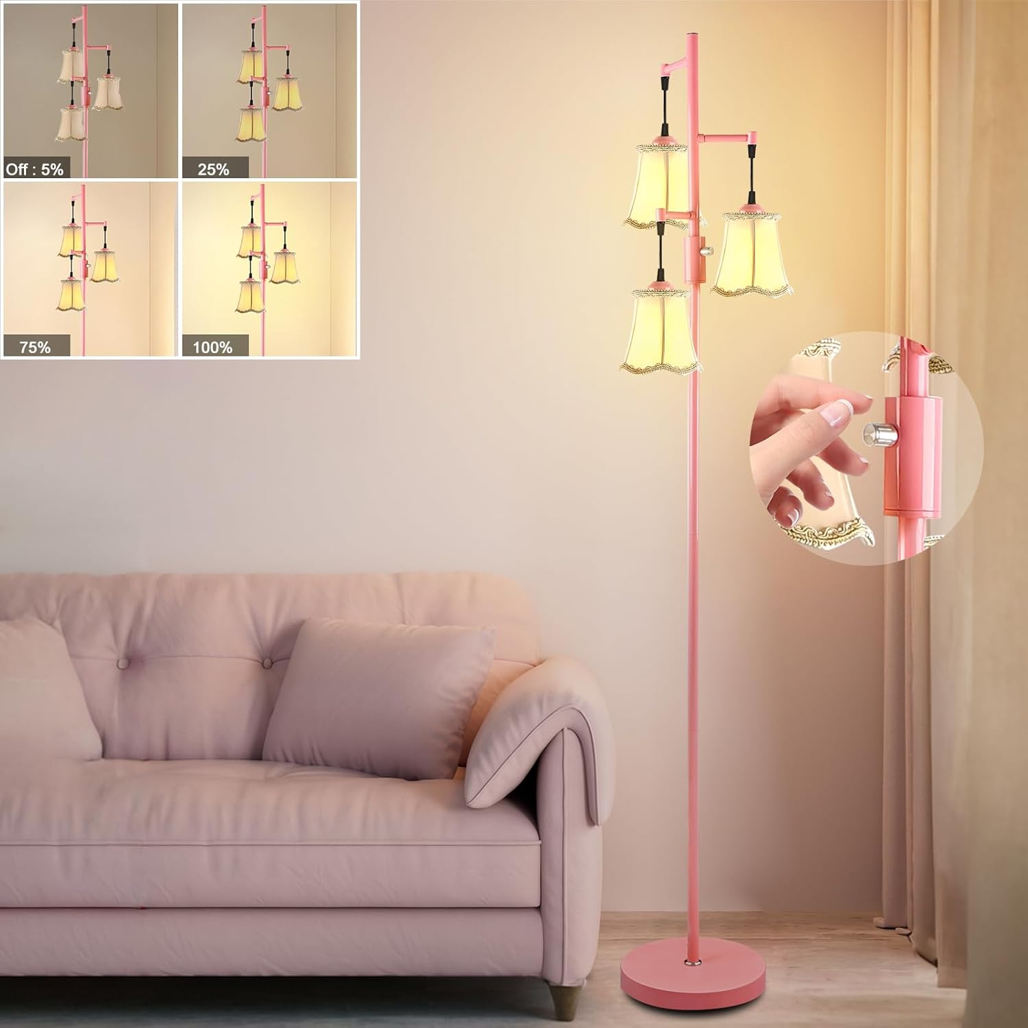 66IN Dimmable Industrial Tree Floor Lamp with 3 Lights for Living Room