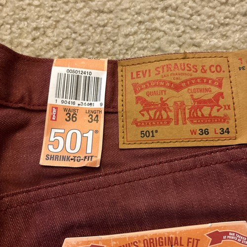 Jeans Levi's 501 uomo taglia 36X34 rosso sbiadito grezzo denim non lavato restringente per adattarsi nuovo - Foto 9 di 9