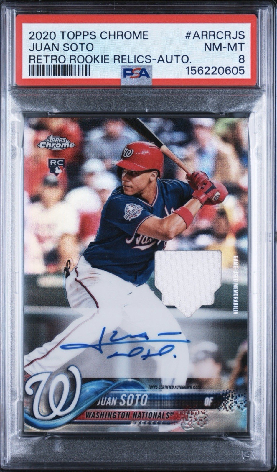 Juan Soto 2020 Topps Chrome Retro Rookie Auto with Game Used Relic /99 PSA 8
