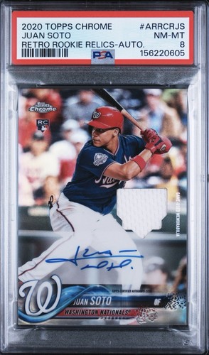 Juan Soto 2020 Topps Chrome Retro Rookie Auto with Game Used Relic /99 PSA 8