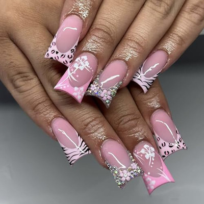Press on Nails Duck Shaped Acrylic Medium Duck French False Nails with Designs 