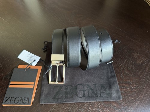 Zegna Black and Dark Brown Leder Palladium Buckle Reversible Belt NEW