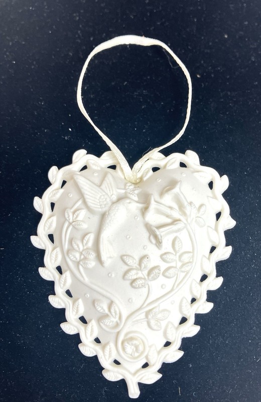 1999 Margaret Furlong Love Song Bisque Heart Ornament Flying Hummingbird White