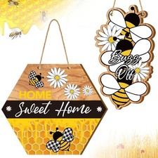 2 Pcs Bee Door Sign Home Sweet Home Sign Bee Welcome Sign Wooden Bee Door Han...