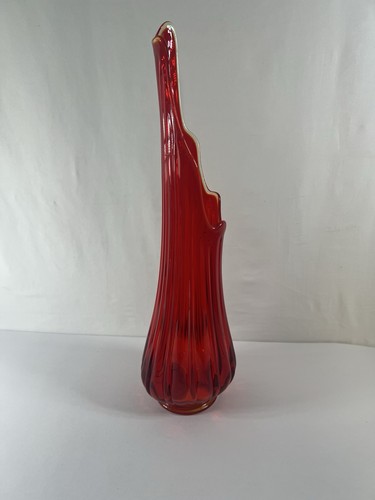 Vintage MCM LE Smith Red Amberina Ribbed Fat Bottom Swung Glass Vase 22" Tall - Picture 2 of 8