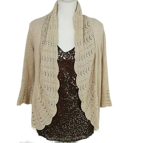 Croft & Barrow Cardigan Top Womens Small Lot Tan Green Sequin Crochet Lace Work - Picture 13 of 15