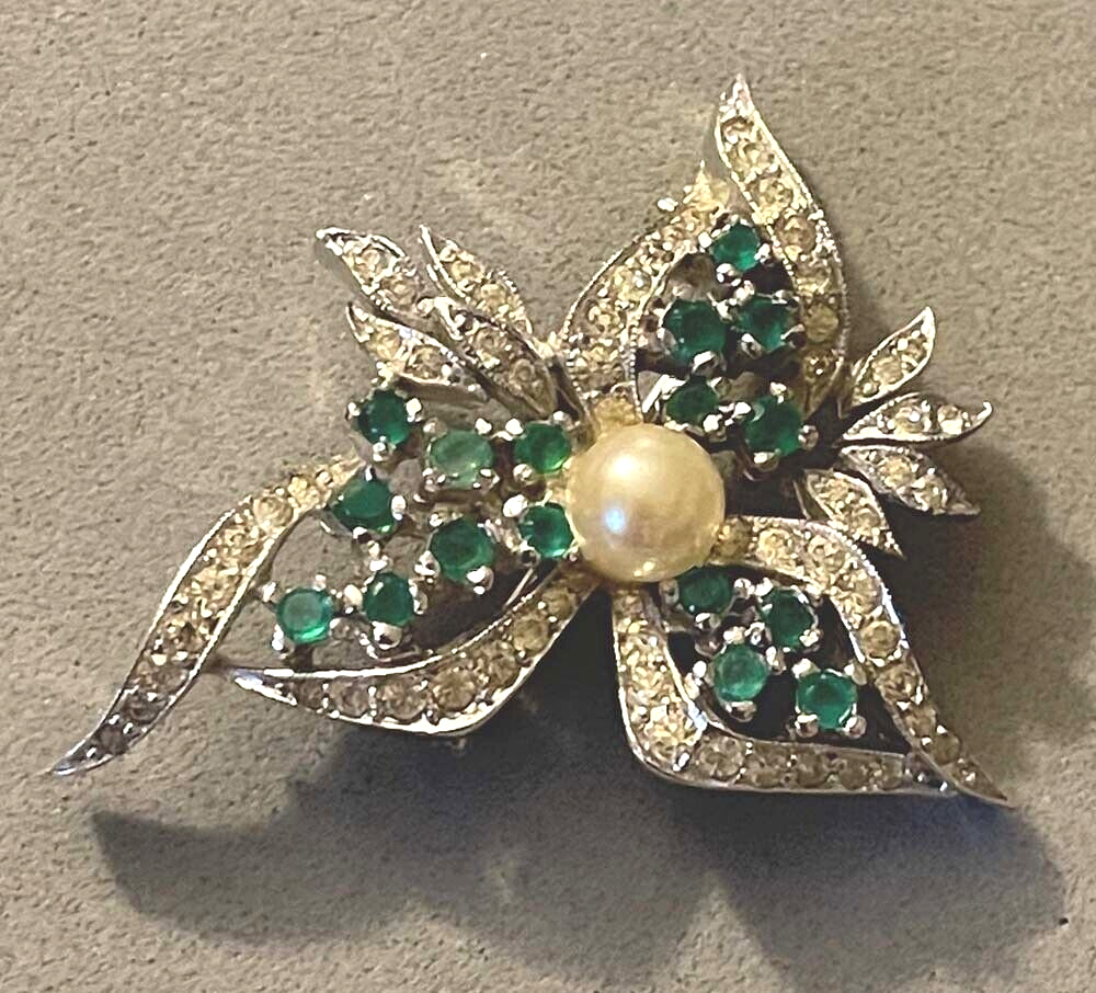 Vintage PANETTA Floral Rhinestone Emerald Faux Pearl Rhodium