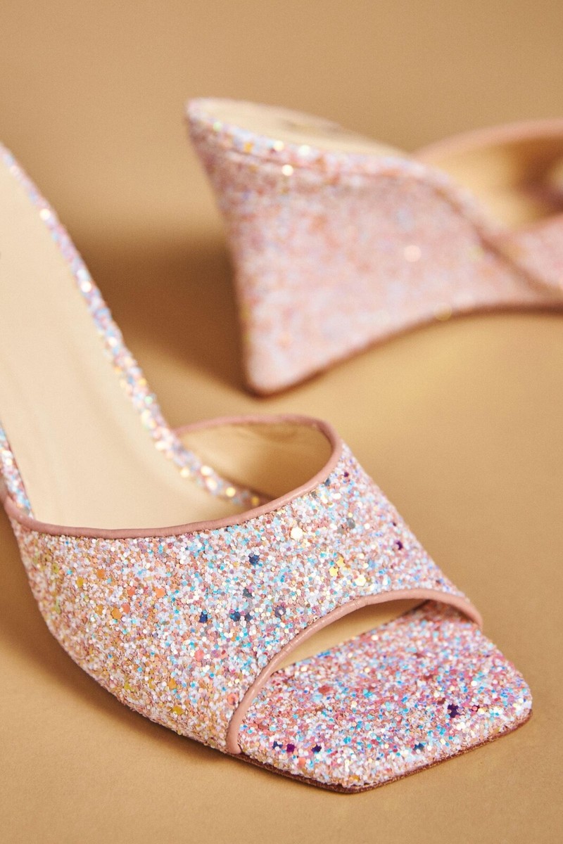 New Anthropologie Maeve Pearl Pink Glitter Square Toe Mules Heel
