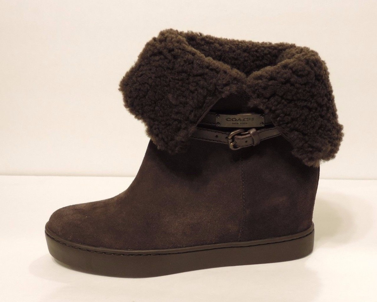 New COACH NORELL COLD A8741 BOOTS Suede Upper brown Wedge Platform