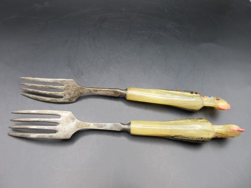 Vtg 1950s Set of 2 Alfred Haddad Jezzine Bird Phoenix Forks Horn Inlay Rare - Picture 9 of 16
