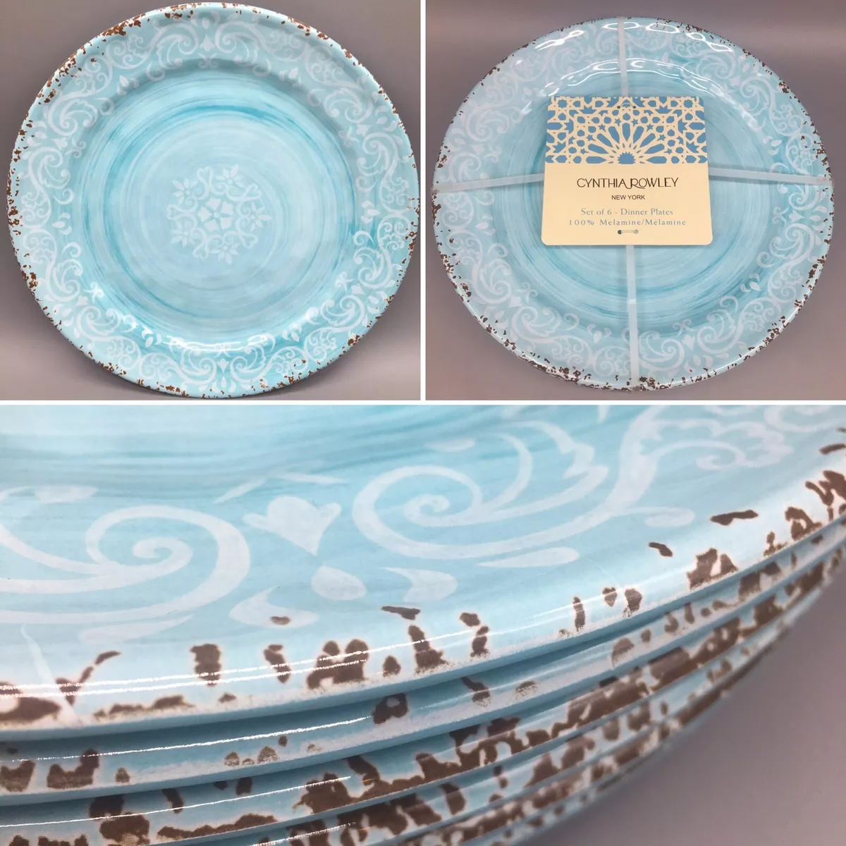 x6 Cynthia Rowley Blue MELAMINE Dinner Plate Set Aqua Rustic