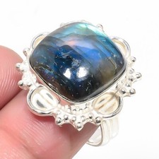 Natural Fire Labradorite Gemstone 925 Sterling Silver Jewelry Ring Size 7 USA