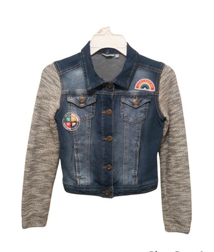 Mudd Blue Jean Jacket Girls Size 12 Knit Sleeves 4-pocket Front