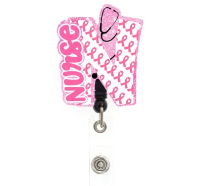 NURSE Breast Cancer Awareness Retractable ID Holder Badge Reel Pink Ribbon