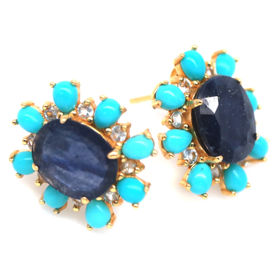 925 Sterlingsilber 9 x 11 Mm. Blauer Saphir, Türkis & Zirkonia Ohrringe - Bild 2 von 4