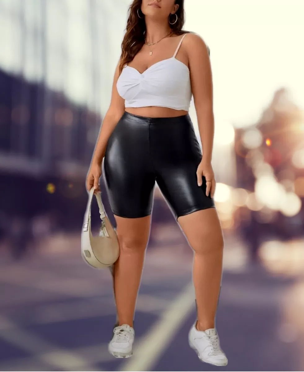 Biker Women's Plus Size Black Faux leather Fashion Biker Shorts