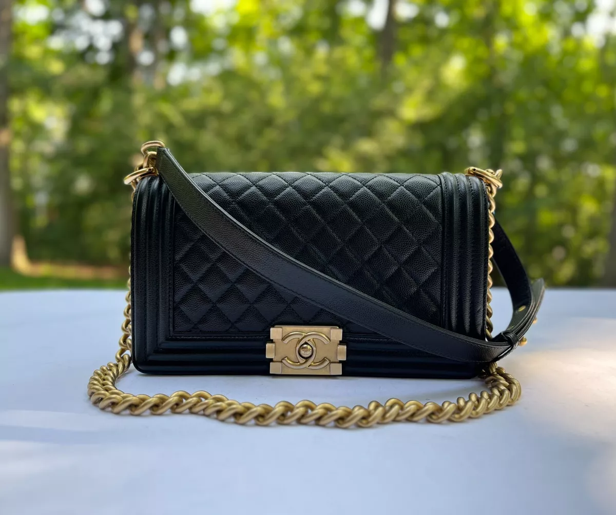 Authentic Chanel Caviar Leather Boy Medium in Black Crossbody Shoulder Bag