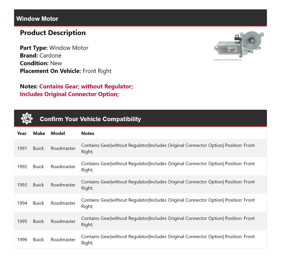 Motor de ventana delantero derecho Cardone 1992 1993 1994 para Buick Roadmaster 1991-1996 Foto 2 de 4