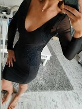 Lipsy Black Bodycon Dress 16 UK Party Long Sleeve Embroidered Occasion Wedding