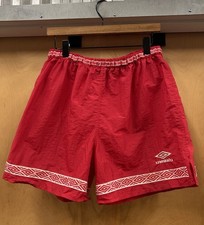 Vintage 90s Made In USA Umbro Geometric Logo Nylon Red Soccer Shorts Large