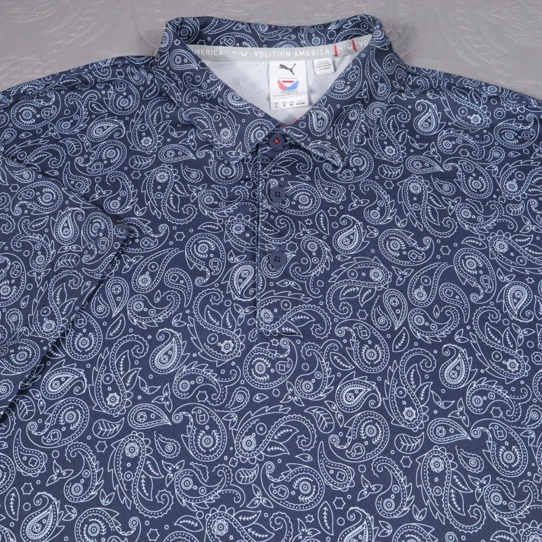 Puma Volition America Polo Shirt Mens L Blue Paisley Golf Performance Stretch