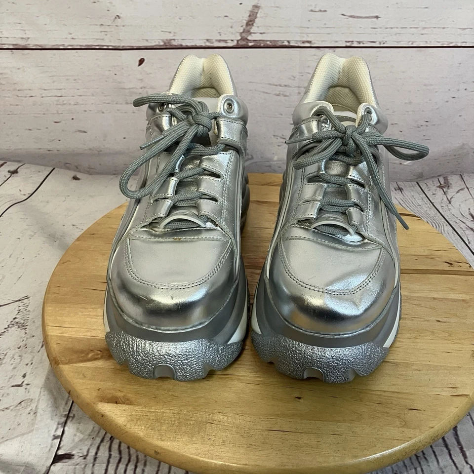 Buffalo London Snearker Mujer Talla 40 Clásico Plataforma Baja Plateado Cuero Napa Foto 2 de 4
